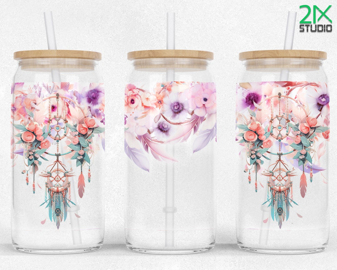 16oz Libbey Glass Can Wrap Boho Wind Catcher Floral Sublimation Libby ...