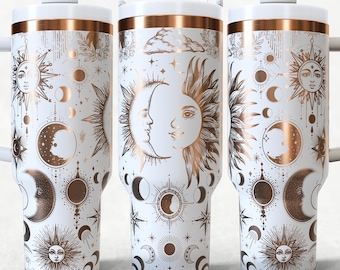 Celestial Sun Moon 40oz Tumbler Wrap Laser SVG Files, Moon Phase Laser engraving Quencher Tumbler laser rotary Designs.