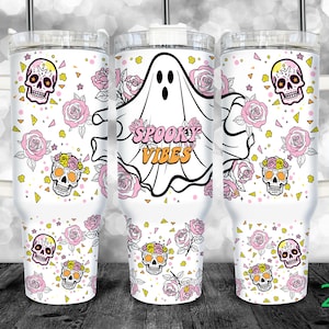 40 oz Tumbler png Spooky Vibes 40oz Quencher Tumbler with Handle Halloween Ghost Sublimation Digital File PNG