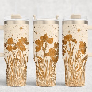 Arquivo SVG para copo a laser Iris Wild Designs sem costura, envoltório completo de flor de íris 40 oz Copo a laser Arquivos gravados rotativos Projeto de artesanato