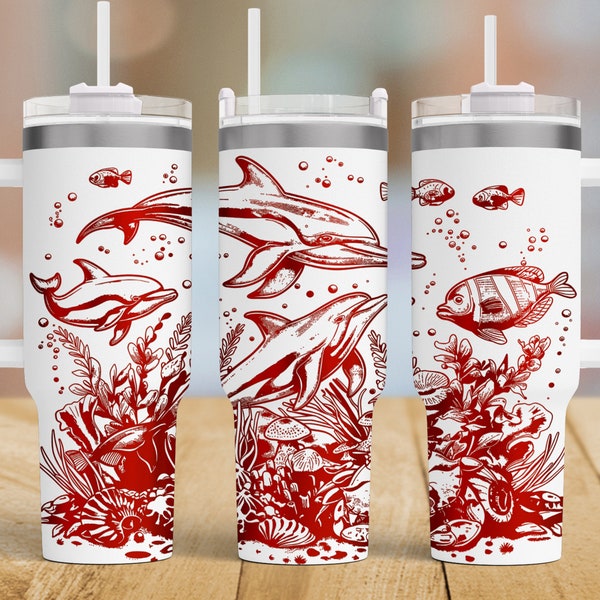 Dolphin 40 oz Tumbler wrap laser SVG File Seamless Tumbler Design, Dolphin Ocean Tumbler laser engraved files Laser Rotary Craft Project.