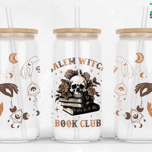 May include: Three clear glass tumblers with bamboo lids and straws. Each tumbler features a different design with a black and white illustration of a skull, books, and a crescent moon. The text "Salem Witch Book Club" is printed on the middle tumbler.