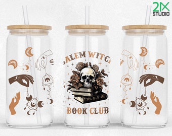 Salem Book Club 16oz Libbey Glass Can wrap sublimation, Halloween Libby, SEAMLESS Glass Can Design PNG Files
