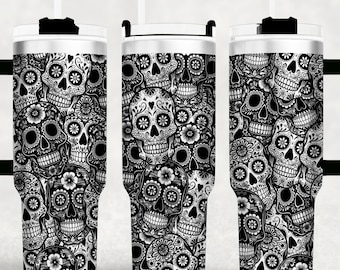Sugar Skulls 40 oz Tumbler wrap laser SVG File Seamless Tumbler, Dia de los muertos Stanley laser engraved files For Laser Rotary.