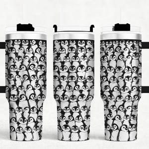 Archivo SVG láser para envolver vasos de 40 oz con diseño sin costuras de Penguin Doodle, lindos archivos grabados con láser rotatorios para vasos de pingüino, proyecto de manualidades.