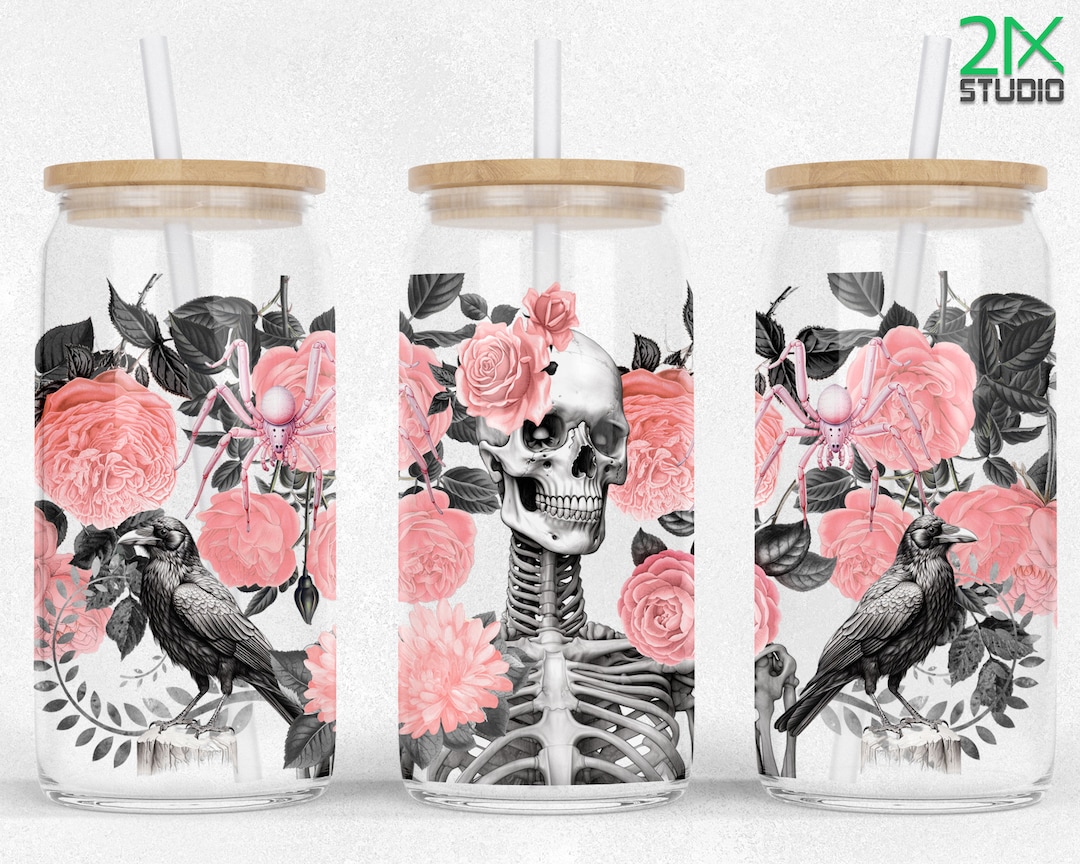 Pink Skulls Gothic 16oz Libbey Glass Can Wrap Sublimation, Halloween ...