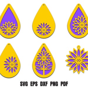 Sunflower earring SVG No.2, Stacked earring SVG, faux leather earring SVG files for Cricut, Digital File Download.