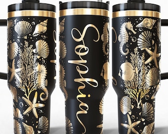 Add Your Own Name Under The Sea 40oz Tumbler Wrap Laser, Seashells Seamless Laser engraving Quencher Tumbler rotary SVG and PNG Files.