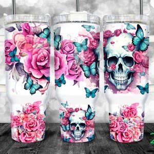 40 oz tumbler png Skulls and Butterflies 40oz Quencher Tumbler with Handle Halloween Sublimation Digital File PNG