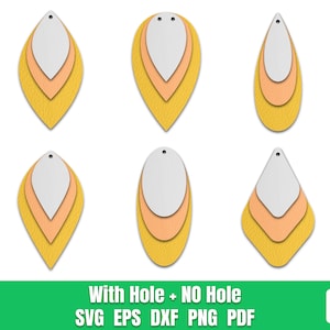 May include: Six layered teardrop shapes in yellow, orange, and white. Three shapes have a hole punched in the top, and three shapes do not.  With Hole + NO Hole SVG EPS DXF PNG PDF