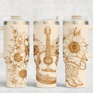 Gitaar Zonnebloem 40 oz Tumbler wrap laser SVG-bestand Tumbler, Western Cowgirl Tumbler lasergegraveerde bestanden Craft Project.