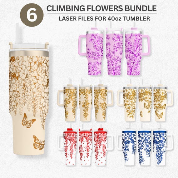 Floral Engraving Wraps for 40oz Tumbler | Climbing Flowers Laser File 6 Bundle | Elegant Vine and Butterfly Design for Laser Rotary
