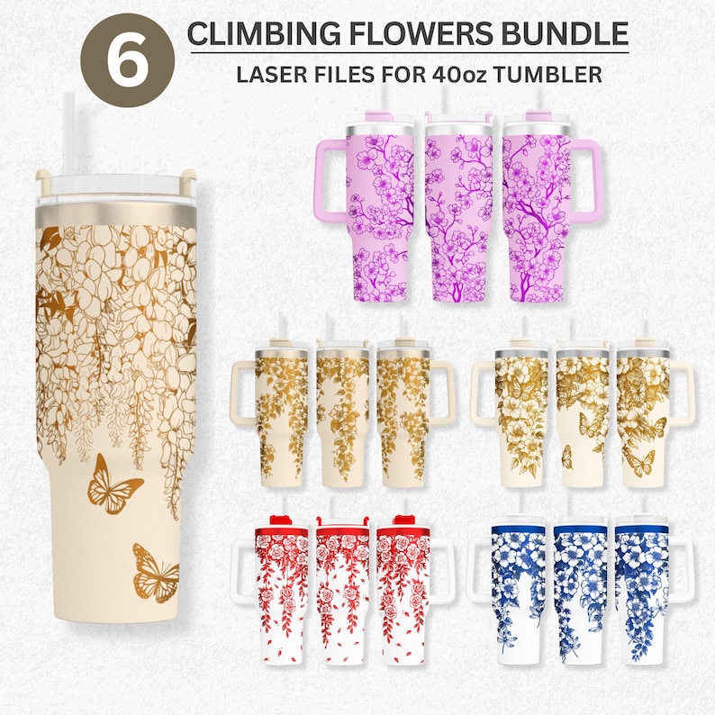 Floral Engraving Wraps for 40oz Tumbler | Climbing Flowers Laser File 6 Bundle | Elegant Vine and Butterfly Design for Laser Rotary
