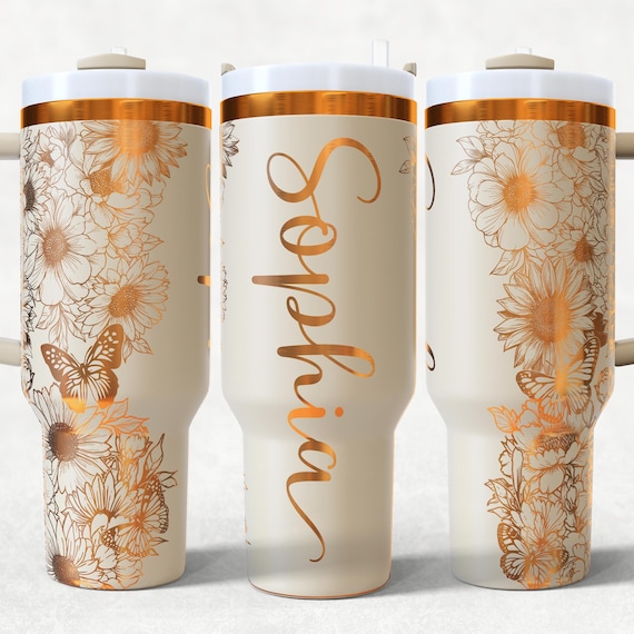 Add Name Flowers and butterflies 40oz Tumbler Wrap Laser SVG Files, Flower Laser engraving Quencher Seamless Tumbler laser rotary Designs.