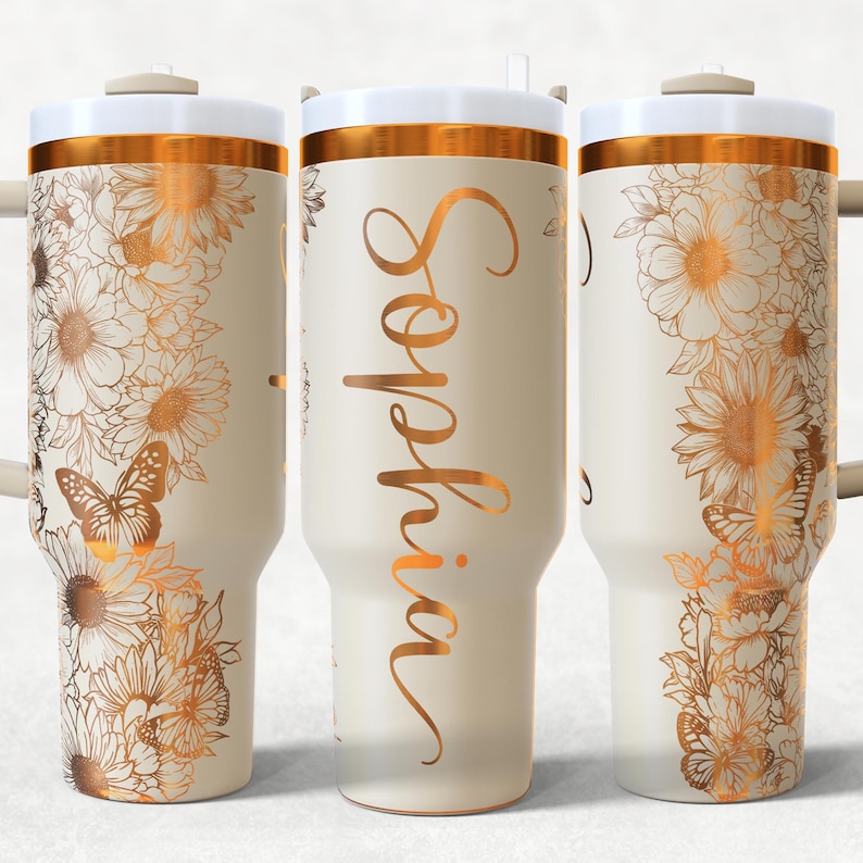 Add Name Flowers and butterflies 40oz Tumbler Wrap Laser SVG Files, Flower Laser engraving Quencher Seamless Tumble.