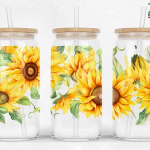 Sunflower 16oz Libbey Glass Can wrap sublimation Flowers libby SEAMLESS Glass Can Design PNG Files