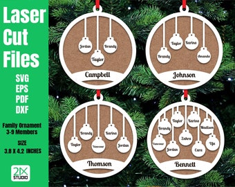 Christmas ornaments personalized family, 3-7 Members Custom ornament, Glowforge svg files, Christmas ornaments laser cut files.