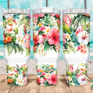 Tumbler luminoso tropicale floreale da 40 once Quencher Wrap Flower Seamless Tumbler File PNG di sublimazione Design per tumbler da 40 once