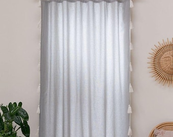 Set of 2 Boho Tassel Curtains Custom Size Linen Panel Handmade Tassel Curtains Fringe Bohemian Window Treatment Boho Decor Bedroom Curtains