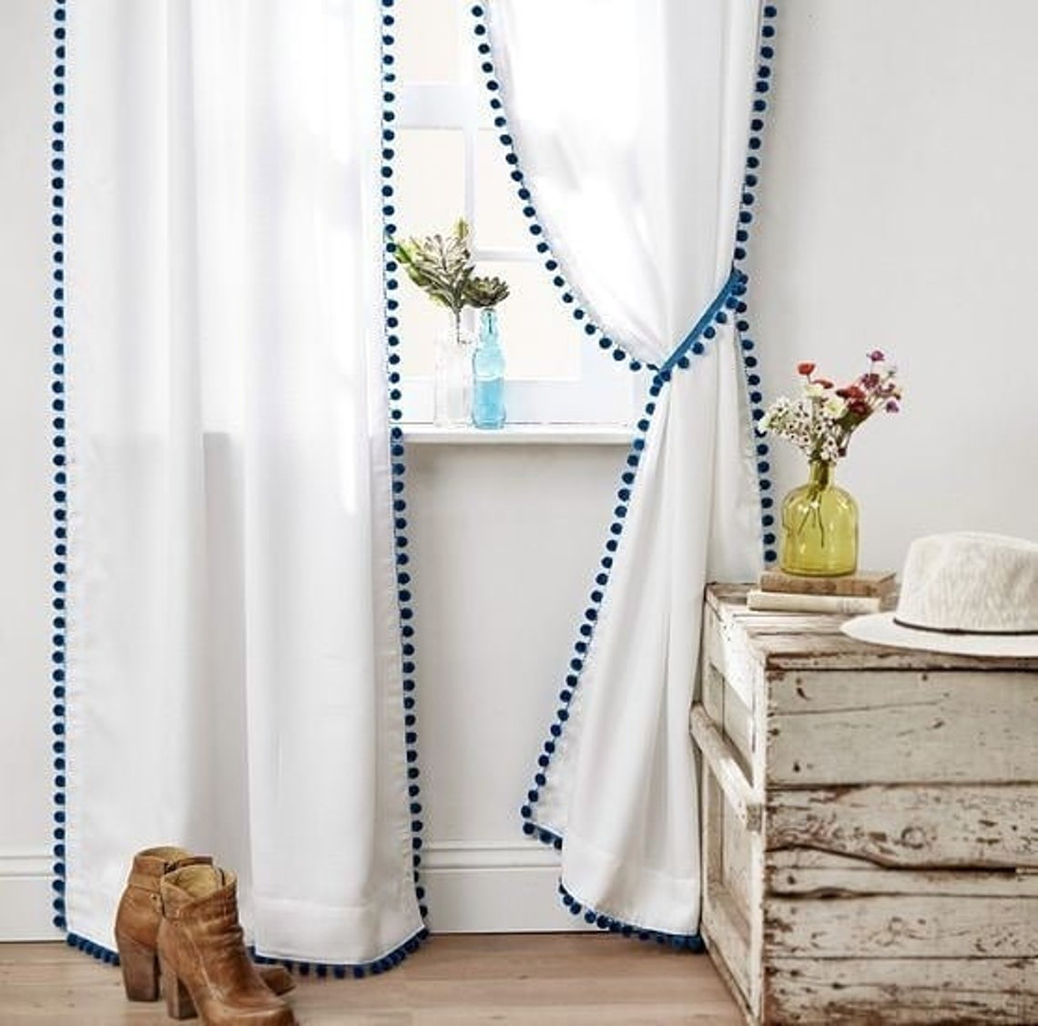 Classic White Pom Pom Curtains | Pom Pom Window Curtains | Pom Pom ...