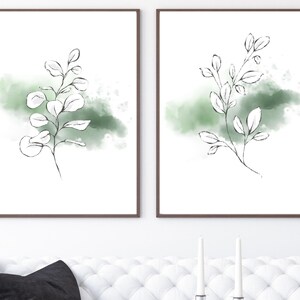 2er Set Blätter Wandkunst, Wohnzimmer Wanddekor, digitaler Download, Wand Kunst druckbar, Aquarell Blumen Wanddekor, botanischer Druck