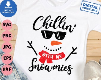 May include: A white t-shirt with a black and white snowman design. The snowman is wearing sunglasses and a red scarf with the text "With My Snowmies".