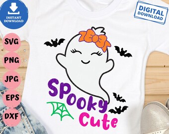 Spooky Cute Svg, Girl Ghost with Bow Svg, Baby Girl Ghost Svg, Little Girl Costume Svg, Cute Halloween Svg, Little Girl Halloween Svg