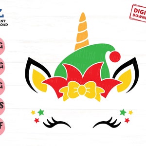 May include: A Christmas elf unicorn face with a green hat, red and yellow bow, and yellow ears. The unicorn has black eyelashes and red and yellow stars around the eyes.
