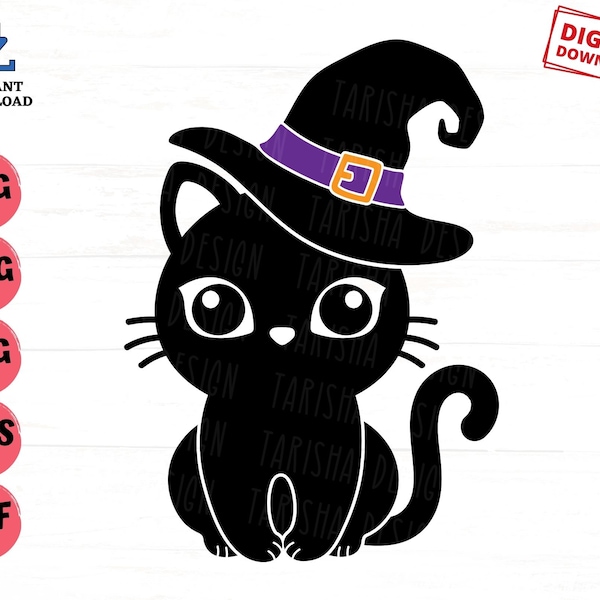 Cute Black Cat with Witch Hat Svg, Cute Black Cat Svg, Halloween Black Cat Svg, Witch Black Cat Svg, Cat with Halloween Hat Svg