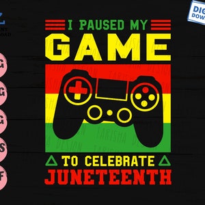 Könnte beinhalten: Ein schwarzes und grünes Grafikdesign mit dem Text "Ich habe mein Spiel pausiert, um Juneteenth zu feiern". Die Grafik zeigt einen stilisierten Videospiel-Controller mit roten, gelben und grünen Akzenten.