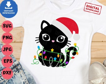 Kerstkat Svg, Zwarte kat met kerstverlichting Svg, Kat met kerstmuts Svg, Kerstverlichting Svg, Kinderen Grappige Kat Svg, Schattige Zwarte Kat Svg