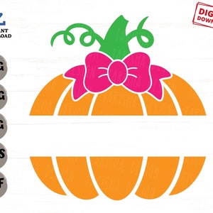 May include: A digital download of a pumpkin with a pink bow and a blank space for text. The pumpkin is orange and the stem is green.