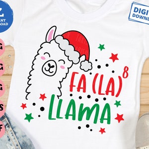 May include: A white llama wearing a red Santa hat with white trim. The llama is looking to the left. The text "FA (LA)8 LLAMA" is written in black and green letters.
