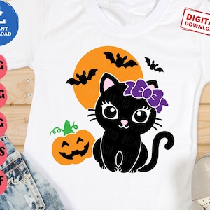 Halloween Black Cat Svg, Cute Black Cat Svg, Girl Cat with Bow Svg, Black Cat with Pumpkin Svg, Halloween Black Cat Svg