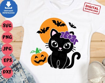 Halloween Black Cat Svg, Cute Black Cat Svg, Girl Cat with Bow Svg, Black Cat with Pumpkin Svg, Halloween Black Cat Svg