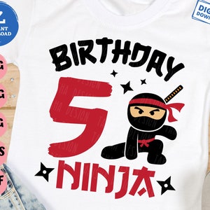 5 Ninja Birthday Svg, 5th Ninja Boys Svg, Ninja Birthday Party Svg, Birthday Ninja Boy Svg, Five Birthday Svg, Number 5 with Cute Nija Svg