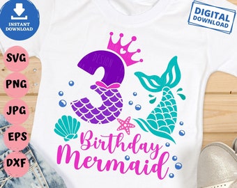 3rd Birthday Mermaid Svg, 3 Years Old Birthday Mermaid Svg, Mermaid Girl Birthday Svg, Third Mermaid Birthday Girl Svg, Mermaid Girl Svg