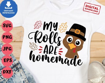 May include: White t-shirt with a black turkey graphic and the text "My rolls are homemade".