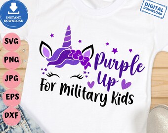軍人の子供のためのパープルアップユニコーンSVG、軍人の子供月間SVG、ユニコーンの顔付きパープルアップSVG、軍人の子供ユニコーンSVG