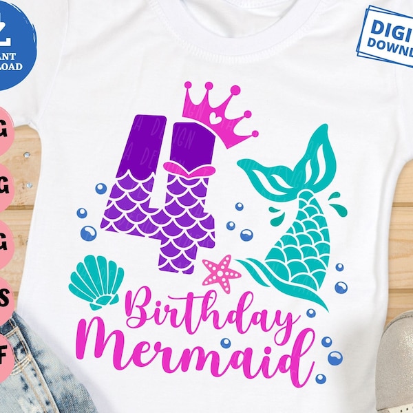 4th Birthday Mermaid Svg, 4 Years Old Birthday Mermaid Svg, Mermaid Girl Birthday Svg, 4 Mermaid Birthday Girl Svg, Mermaid Girl Svg