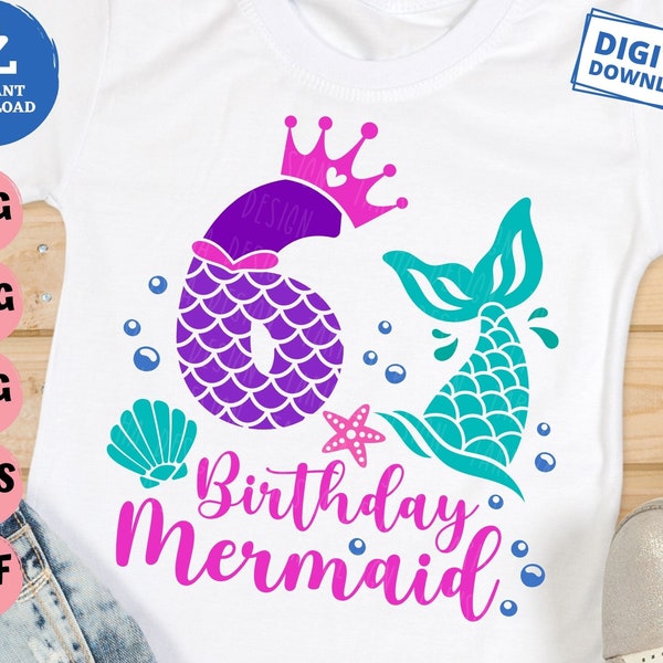 6th Birthday Mermaid Svg, 6 Years Old Birthday Mermaid Svg, Mermaid Girl Birthday Svg, 6 Mermaid Birthday Girl Svg, Mermaid Girl svg