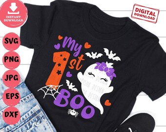 My 1st Boo Girl Svg, Girl Ghost with Bow Svg, Baby Girl Ghost Svg, Little Girl Costume Svg, Cute Halloween Svg, Little Girl Halloween Svg