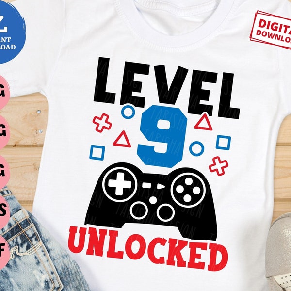 Level 9 unlocked Svg, 9th Birthday Video Games Svg, Nine Years Birthday Svg, Video Games Birthday Svg, Gamer Birthday Shirt Svg