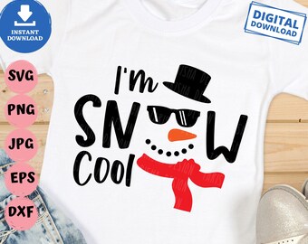 May include: White t-shirt with a black and red snowman design. The snowman is wearing sunglasses and a black hat. The text "I'm Snow Cool" is written in black.
