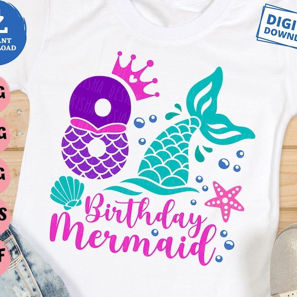 8th Birthday Mermaid Svg, 8 Years Old Birthday Mermaid Svg, Mermaid Girl Birthday Svg, Eighth Mermaid Birthday Girl Svg, Mermaid Girl Svg