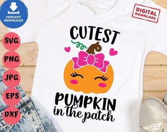 Cutest Pumpkin In The Patch Svg, Cute Pumpkin Svg, Girl Halloween Svg, Kids Halloween T-shirt Svg, Pumpkin with Bow Svg