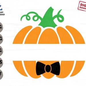 May include: A digital download of a pumpkin with a bow tie. The pumpkin is orange with a green stem and a white space for text. The bow tie is black.