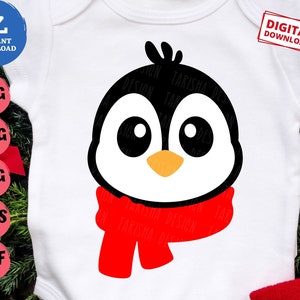 Boy Penguin with Scarf Svg, Baby Holiday Clipart, Cute Penguin Face Svg, Christmas Penguin Svg, Winter Boy Shirt Svg