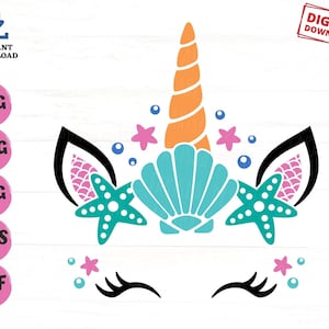 Mermaid Unicorn Face Svg, summer Unicorn Face Svg, Unicorn Lovers Svg, Unicorn Face Svg, Mermaid Birthday Svg, Unicorn Face with Shell Svg