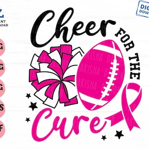 May include: Pink and black cheerleading design with a football, a pom-pom, and a pink ribbon. The text reads "Cheer for the Cure".